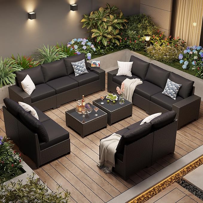 Aoxun Patio Furniture Set, 12 Pcs Outdoor Patio Furniture Sets with 4 in Thicken Cushion and Coffee Table, Widen Armrests Wicker Outdoor Sectional for Backyard & Garden, Black