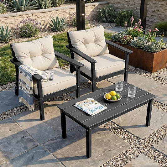2 Seat HDPE Patio Conversation Set with Coffee Table, Outdoor Chairs Set | Water-Resistant Thick Cushion, HDPE All Weather, Wood-Grain, No Rot or Rust or Crack, UV Fade Shield, Easy-Clean for Outside
