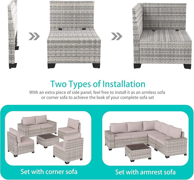 12-Piece Outdoor Patio Furniture Set Wicker Sectional Sofa Set, Patio Conversation Set with Thickened Cushions & Coffee Table for Garden, Backyard, Poolside, Sand