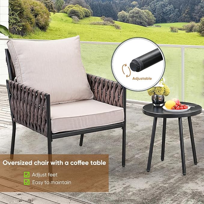 JOYURE 3-Piece Patio Furniture Set, Armchairs with Coffee Table,Modern Wicker Outdoor Conversation Set with Waterproof Thick Cushion for Deck,Backyard,Porch,Beige