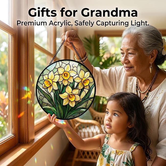 Birthday Gifts for Women - Yellow Daffodils Faux Stained Glass Window Hanging Sun Catcher for Door Garden Acrylic Decor Mother's Day Christmas for Mom Men Nana Grandma Sisters 7.8"