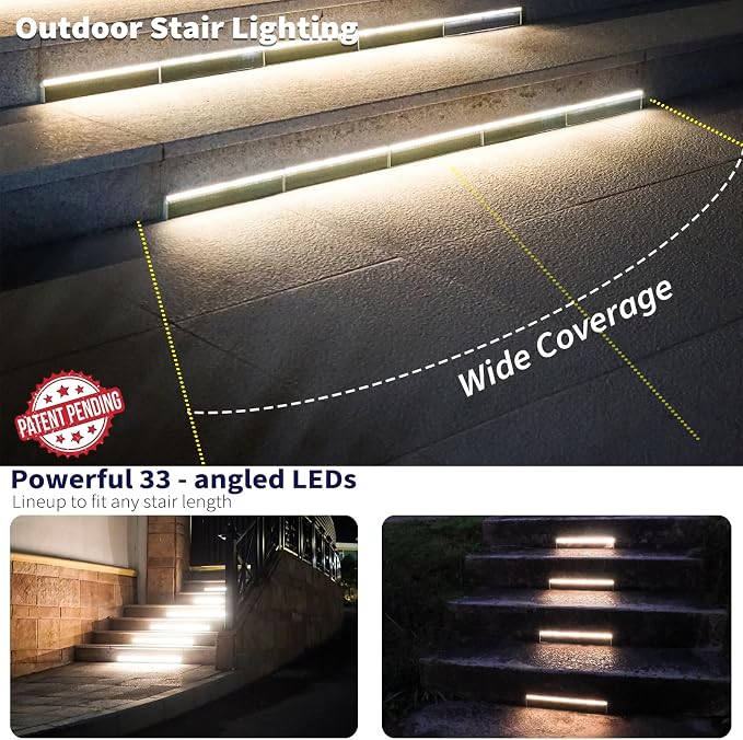 SHONELIGHTING Solar Step Lights Outside, 33 Focused LEDs, Stair Light, 8PK | Downward Lighting, High Brightness, Modular, Waterproof Aluminum, Risers, Deck, Curbsides, Planter Edges, Warm White, 3000K