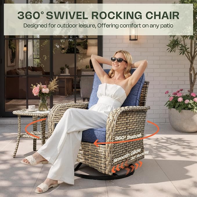 Outdoor Swivel Rocking Chair Set of 2 with Coffee Table, Wicker Patio Glider Chairs with 4 Inch Thick Cushions, 350lbs Capacity High Back Rattan Furniture Set for Sunroom and Small Spaces, Denim Blue