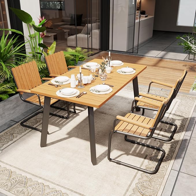 5 Piece Outdoor Conversation Set for 4, HDPE Patio Seating Set with Table and Chairs, All-Weather Outdoor Lounge Furniture with Umbrella Hole for Garden, Porch, Poolside, Gray & Teak