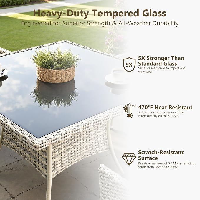 Outdoor Dining Set, 5-Piece Patio Furniture Set with Tempered Glass Table and 4 Cushioned Chairs, Dual-Strand Wicker Rattan, Balcony Furniture for Backyard, Garden, Deck,– Gray