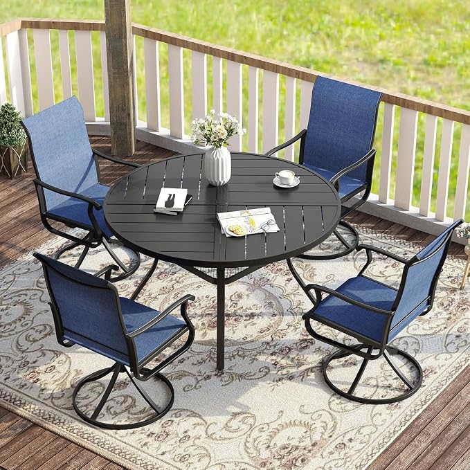 VICLLAX 50" Round Patio Table with Umbrella Hole, All Weather Metal Outdoor Dining Table for 6, Outside Table with Storage Shelf for Lawn Garden, Black