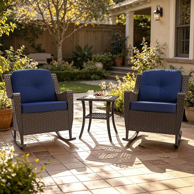 3 Pieces Patio Rocking Chairs, 2 High Back PE Rattan Furniture Set and Side Table, Outdoor Wicker Furniture Set, All Weather Patio Set with Waterproof Cushion for Porch and Deck