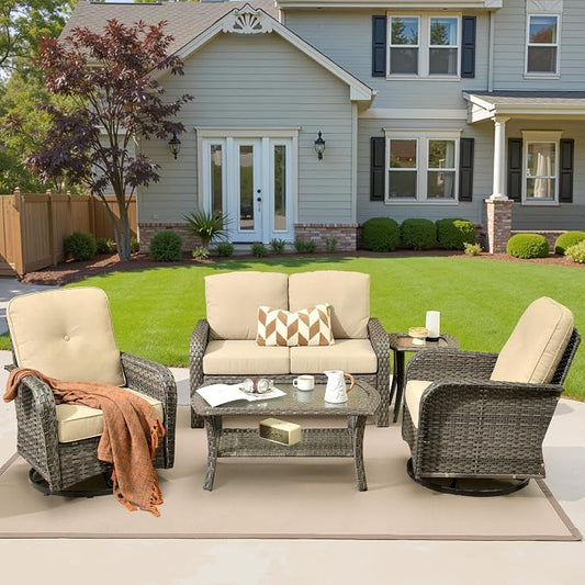 5 Pieces Patio Furniture Set, All Weather Rattan Patio Conversation Sets with Swivel Rocking Chairs, Coffee Table, High Back Outdoor Furniture Loveseat for Porch, Backyard,Beige
