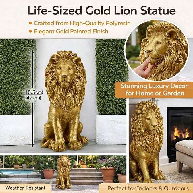 24" Majestic Lion Garden Statue, Gold | Regal Guardian Sculpture, Front Entry & Patio, Golden Resin, Weighted Base for Stability