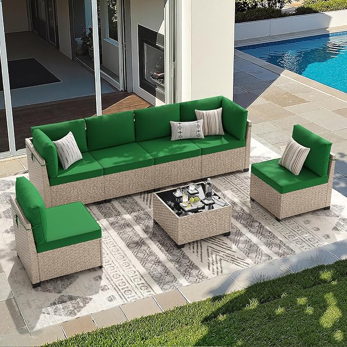 Soohow 7-Piece Patio Furniture Set, Outdoor Sectional All-Weather Wicker Patio Conversation Set for Garden, Porch, Backyard - Green Cushions