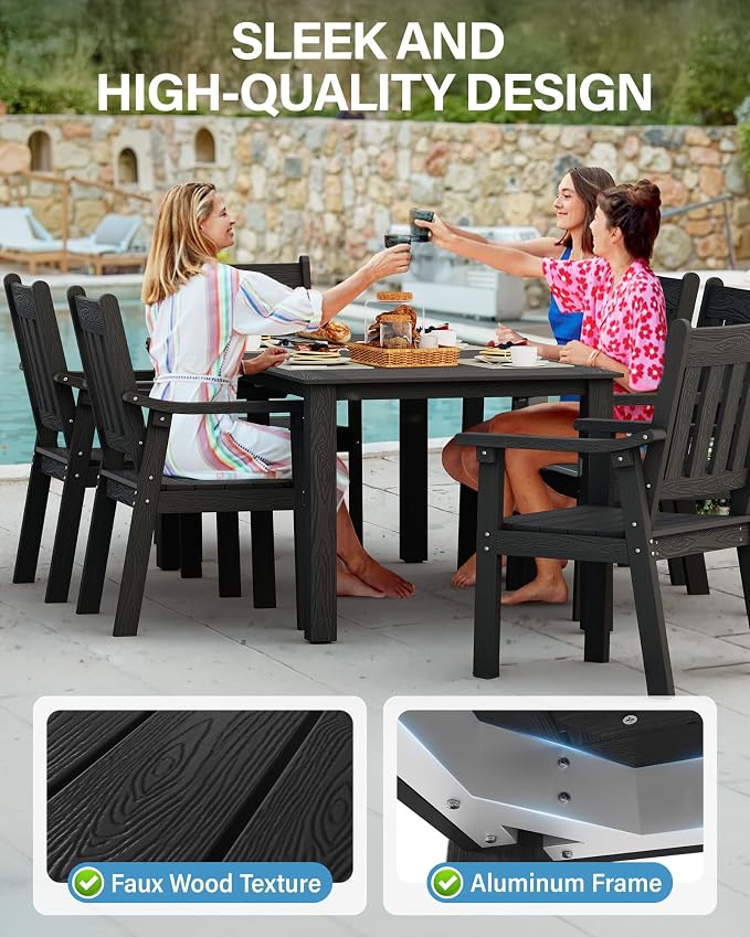 YEFU Outdoor Dining Table for 6: All Weather Rectangular Patio Table with Umbrella Hole and Aluminum Frame - Outdoor Furniture for Outside Backyard/Garden/Pool/Porch/Deck 300lbs Capacity Black