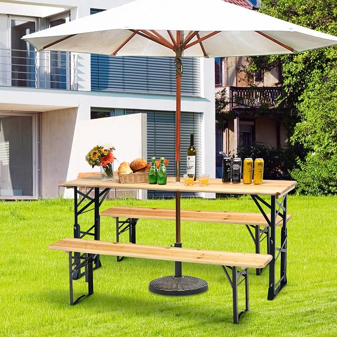 Goplus Folding Picnic Beer Table, Outdoor Camping Table with Umbrella Hole, Adjustable Heights and Wood Top, Portable Picnic Table for Patio Garden Party Backyard, No Assembly