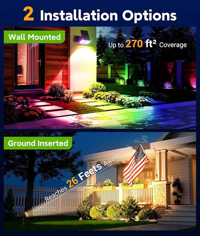 LETMY Solar Lights Outdoor Waterproof IP65, 2 Pack Solar Spot Lights Outdoor with 14 Big LEDs, 2-in-1 Wall Lights & 7 Modes Solar Landscape Spotlights for Pathway Yard Patio Decor Garden Gifts (RGB)