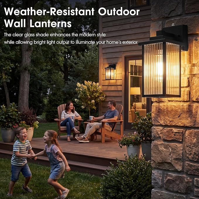 15-Inch Dusk to Dawn Outdoor Wall Light, Matte Black All-Metal Frame | Auto On at Dusk, Off at Dawn. Tempered Glass. Waterproof Rust-Resistant Metal. Pre-Assembled DIY Install on Porch, Garage