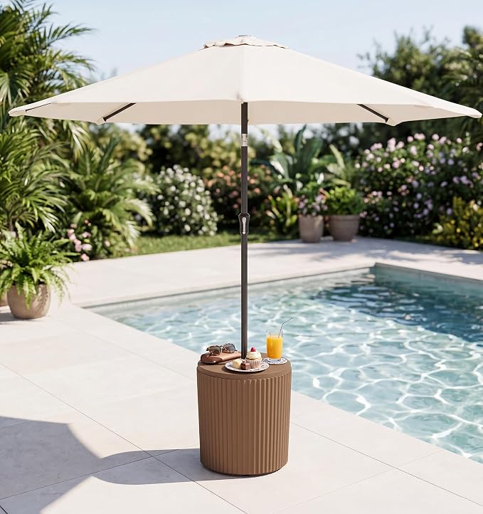 SERWALL Round Outdoor Umbrella Side Table, 3-in-1 Outdoor Patio Table with Umbrella Hole for Porch/Patio/Poolside, Brown
