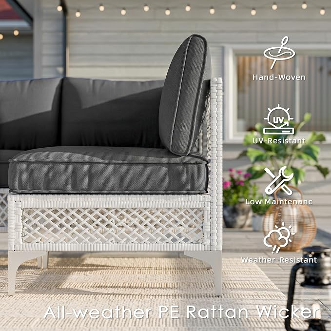 Vikiullf Patio Conversation Set, 7 Piece Outdoor Sectional Sofa Set with Coffee Table, White Wicker with Grey Cushions (White and Grey, 7 piece)