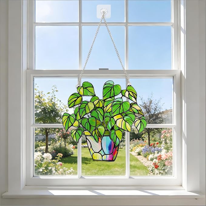 Stained Glass Plant Suncatcher Window Hanging, Marzovitra 10 Inch Real Glass Potted Green Leaves Sun Catcher with Chain Botanical Sun Catcher Window Decor for Home Garden, Plant Lover Gift