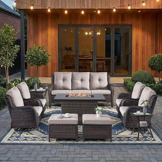 HUMMUH 10 Pieces Patio Furniture Set with Fire Pit High Back Wicker Outdoor Furniture Set Swivel Rocker Chairs 3-Seater Couch for Porch,Deck,Backyard