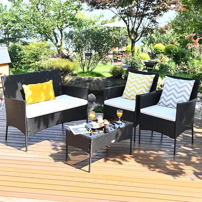 COSTZON HOMGX 4 Pieces Patio Furniture Set, Rattan Wicker Conversation Set w/Tempered Glass Top Table & 3 Cushioned Porch Chairs, Outdoor Wicker Sofa Set for Backyard, Garden, Poolside (Beige)