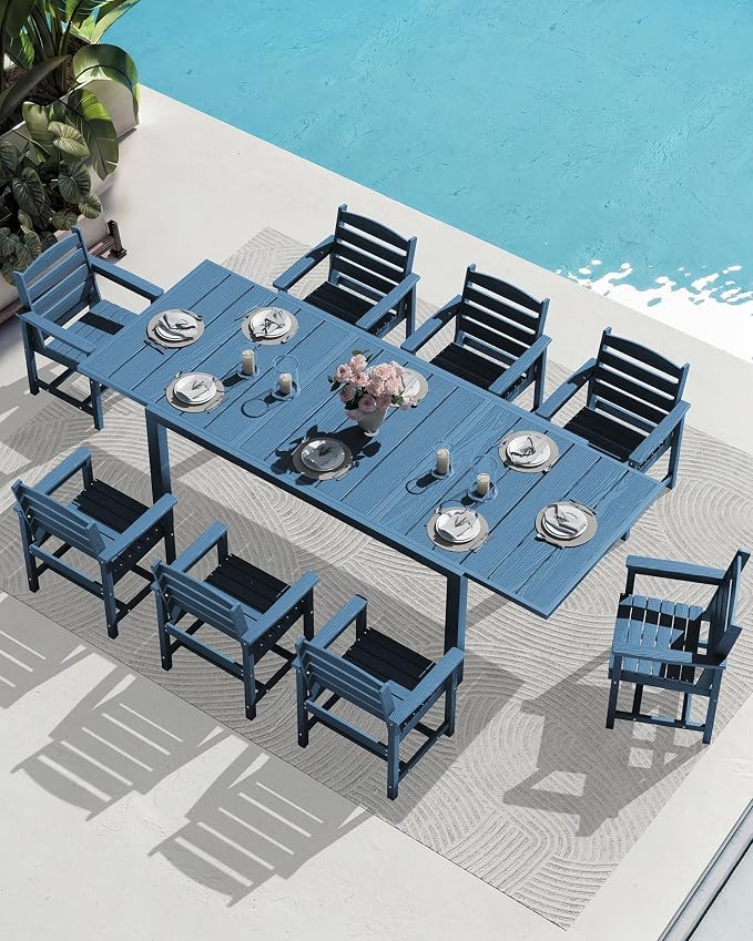 SERWALL 10-Piece Patio Dining Sets with 15FT Patio Umbrella, Blue | 60" - 83" Expandable Outdoor Dining Table and 8 HDPE Chairs, All Weather HDPE Outdoor Furniture Set