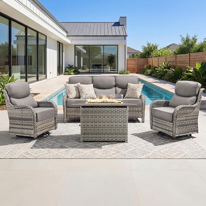 Luxury Patio Furniture Set with 6-inch Thick Cushion, Outdoor Furniture with Fire Pit Table, Swivel Chairs, Sofa, 4pcs Wicker Conversation Set for Deck Yard and Poolside(Grey Wicker/Grey Cushion)