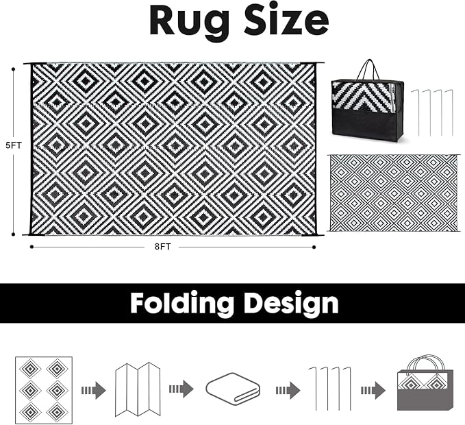 Aug-guan Outdoor Rug 5'x8' ft,Polypropylene Reversible Area Rug Carpet for Patio, Backyard & Deck - Waterproof, Fade-Resistant & Portable Foldable Mat with Storage Bag for Camping, RV, Picnic & Beach