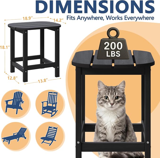 Outdoor Adirondack Side Table for Patio Porch Pool, 18" HDPE Weather Resistant End Table for Backyard and Indoor Use, Easy Maintenance & Indoor Outdoor Durable Construction(Black)