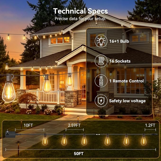 100FT Outdoor String Lights with Remote, Waterproof Patio Lights with 35+1 Shatterproof LED Bulbs,Dimmable Hanging Decor for Backyard Garden Porch Bistro, Timer & 3 Modes,2700K Warm White