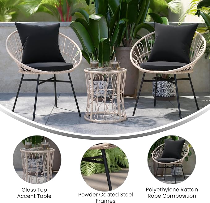 EMMA + OLIVER Ari 3 Piece Boho Patio Set - Tan Finish Faux Rattan Rope Chairs - Black Removable Cushions - Tempered Glass Top Side Table - Indoor/Outdoor