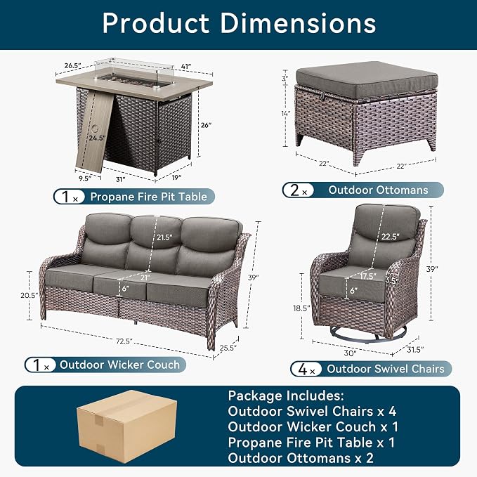 Luxury Patio Furniture Set with Fire Pit Table-8 Pieces All Weather Outdoor Swivel Rocker Chairs with Sofa and Ottomans. Outdoors Patio Conversation Sets for Porch Deck Garden Backyard(Brown/Grey)