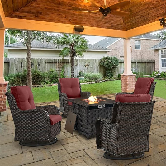 Belord Patio Furniture Set with Fire Pit Table, Outdoor Swivel Rocker Patio Chairs, Wicker Furniture Set Ideal for Porch, Deck, Pool, Yard, SunroomBrown Wicker/Red