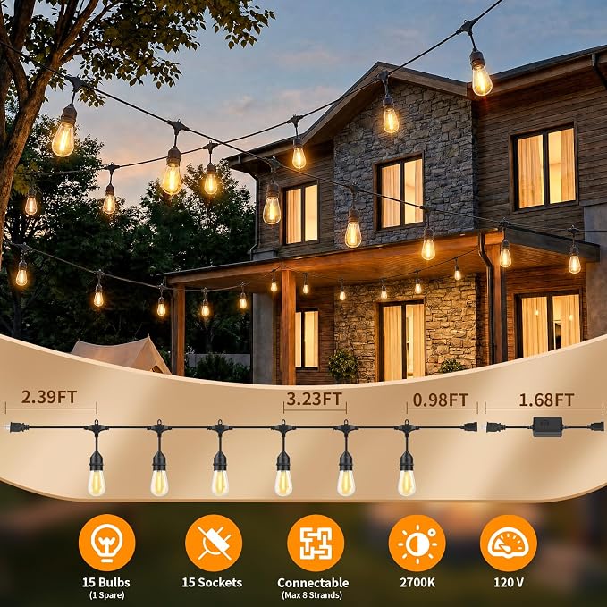 Hotsonic Remote Control Outdoor String Lights Waterproof, 50 FT LED Outside Lights with Shatterproof Bulbs, Dimmable Hanging S14 Lights 3 Modes for Patio Porch Garden pergola Yard Party House Decors