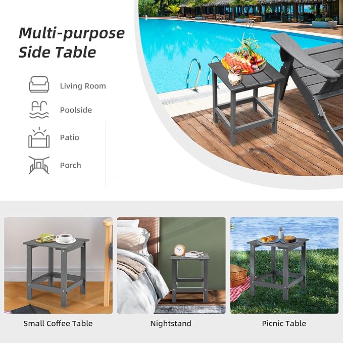 Tangkula Square Outdoor Side Table, Adirondack Table, Outdoor Indoor Chairside End Tables, Weather Resistant, Patio Side Table for Lawn Garden Balcony Backyard Living Room (1, Grey-Square)