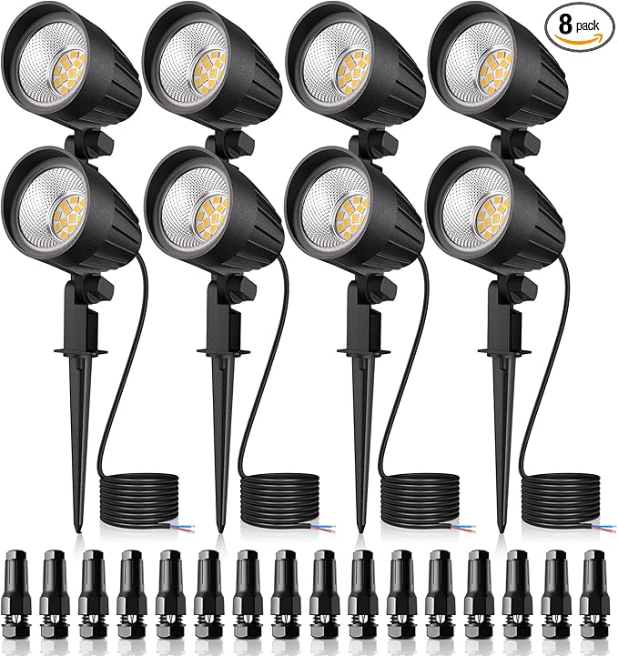 MEIKEE 7W 800lm Low Voltage Landscape Lighting, 12V 24V LED Landscape Lights, 2700K IP66 Waterproof Outdoor Spot Lights with Connectors for Garden Pathway Yard Decoration (8 Pack)