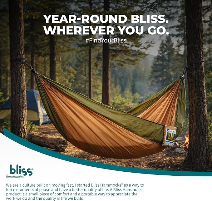 Bliss Hammocks BH-406ST-FG Hammock in a Bag w/ Carabiners + Tree Straps, 52-in. Wide, Weather Resistant, 300 Lb. Capacity (Forest Green)