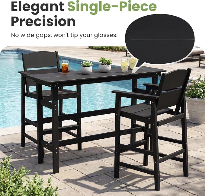 Outdoor Bar Height Table and Chairs Set, 3 Piece HDPE Outdoor High Top Table and Chairs, Reinforced Patio Pub Table with 2 Bar Stools, All Weather Bar Height Patio Set for Deck/Balcony, Black