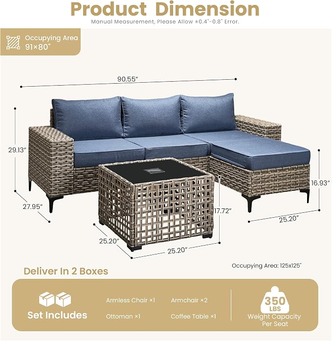 HOOOWOOO 5 Pieces Patio Furniture Set,L Shaped Outdoor Sectional Couch with Solar Table, Pe Wicker All Weather Outside Conversation Sofa Ottoman Set,Denim Blue