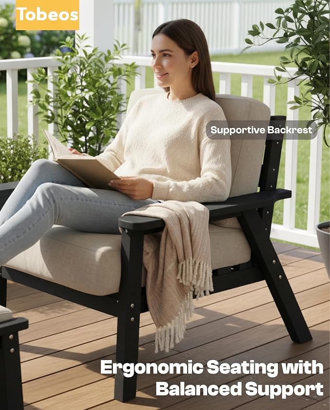 7 Piece HDPE Outdoor Furniture Set with Beige Cushions (Black Frame) | All-Weather HDPE, Modular Design, Extra-Deep Seating, Thick Cushions, Ideal for Backyard, Deck & Porch