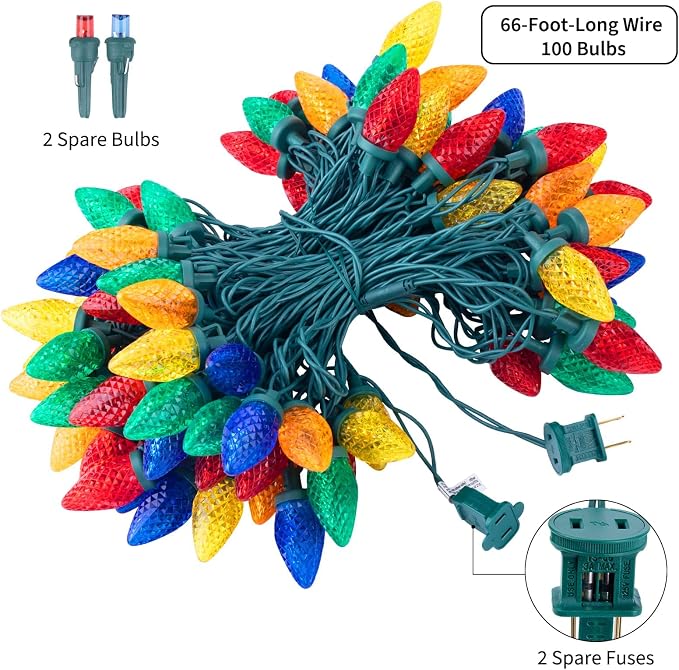 Brightown C9 Christmas String Lights Multicolor, 66ft 100 LED Faceted Christmas Lights on Green Wire, Plug-in Large Bulb Strawberry String Lights for House Roof Roofline Christmas Tree Party Outdoor