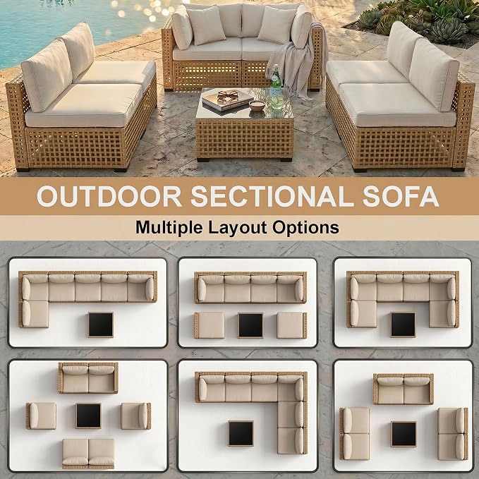 KIGOTY 7-Piece Patio Furniture Set, All-Weather PE Rattan Outdoor Sectional Sofa, Modular Wicker Conversation Set with Thick Cushions & Easy-Clean Coffee Table（Yellow/White）