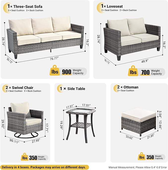 ovios 7 Pieces Patio Furniture Set, Outdoor Wicker Rattan Sofa Couch with Swivel Glider Chairs Loveseat Comfy Cushions Modern Conversation Set for Backyard Porch, Beige