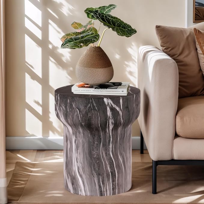 Modern Faux Terrazzo Tree Stump Accent Table, Cement Outdoor Side Table for Patio & Garden, Round Stool Indoor and Outdoor, Marble