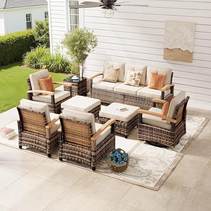 MEISSALIVVE 8 Pieces Outdoor Patio Furniture Sets, Wicker Patio Conversation Sets with 2 Wood Armrests Swivel Glide Chairs,2 Single Chairs, 3-seat Sofa (Beige)