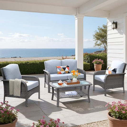 4 PCS Outdoor Patio Furniture Set with Glass Table, All-Weather Rattan Wicker Outdoor Conversation Set with Thickened Cushions for Balcony Backyard Garden Lawn,Grey