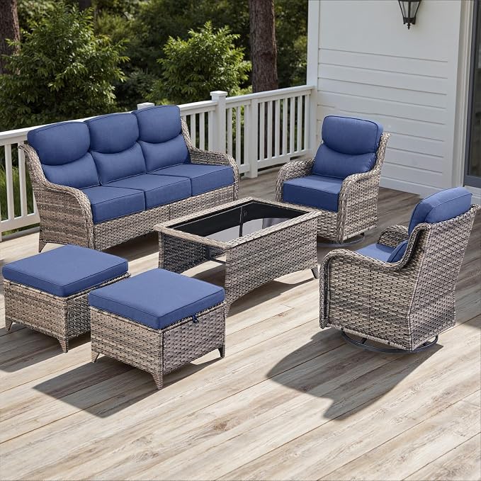 Rilyson Wicker Outdoor Patio Furniture Set - 6 Piece Patio Conversation Sets with Swivel Rocker Chairs, Ottomans, Sofa and Coffee Table, 6 inch Cushions, Deep Seating, for Porch Deck Mixed Grey/Blue