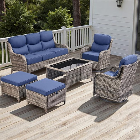 Rilyson Wicker Outdoor Patio Furniture Set - 6 Piece Patio Conversation Sets with Swivel Rocker Chairs, Ottomans, Sofa and Coffee Table, 6 inch Cushions, Deep Seating, for Porch Deck Mixed Grey/Blue