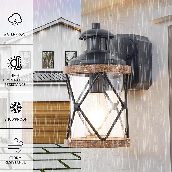 Dusk to Dawn Motion Sensor Outdoor Porch Light with GFCI Outlet,3 Lighting Modes Anti-Rust Waterproof Industrial Outdoor Lantern,Exterior Work lights Rustic Wood-Like Finish Wall Light (Brown, 2 Pack)