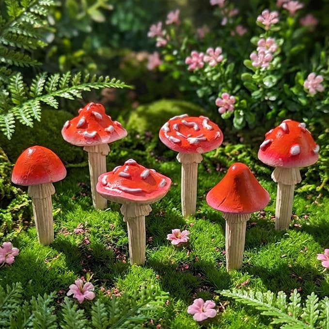 Fairy Garden Mushrooms for Outdoor Decor, 6Pcs Red Mini Mushroom Figurines | Resin Mushroom Miniatures for Fairy Garden Accessories, Plant Pot Decoration, Cute Terrarium, Yard and Lawn Decor