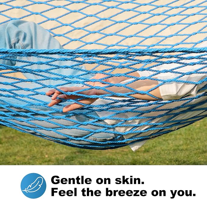 GAFETE Single Rope Hammocks for Outside, Traditional Hand Woven Cotton Hammock with Hardwood Spreader Bar, Max 450 lbs Capacity (Lake Aqua, Small)
