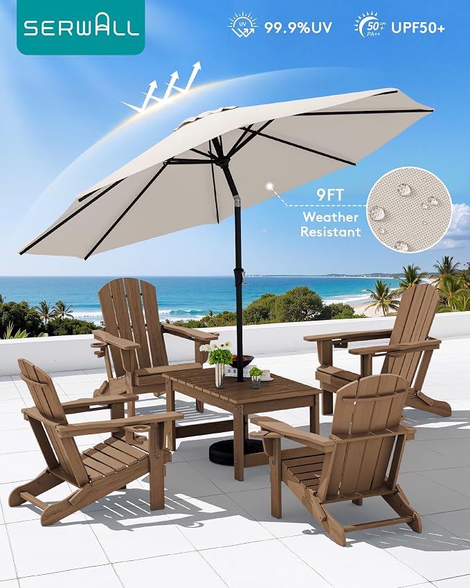 SERWALL Outdoor Coffee Table with 9FT Umbrella, HDPE Patio Coffee Table for Outside, Rectangle, Brown(Not Include Umbrella Base)